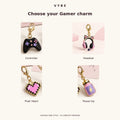 Choose one Gamer charm style: Controller, Headset, Pixel Heart or Power-Up. AI concept selection board, not supplier photography.