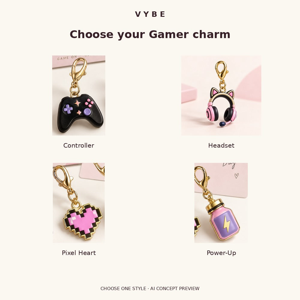 Choose one Gamer charm style: Controller, Headset, Pixel Heart or Power-Up. AI concept selection board, not supplier photography.