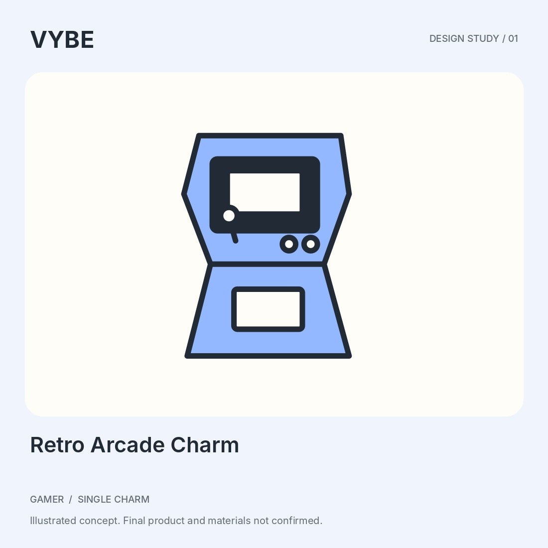 Retro Arcade Charm: an illustrated VYBE design study, not a photograph of approved merchandise.