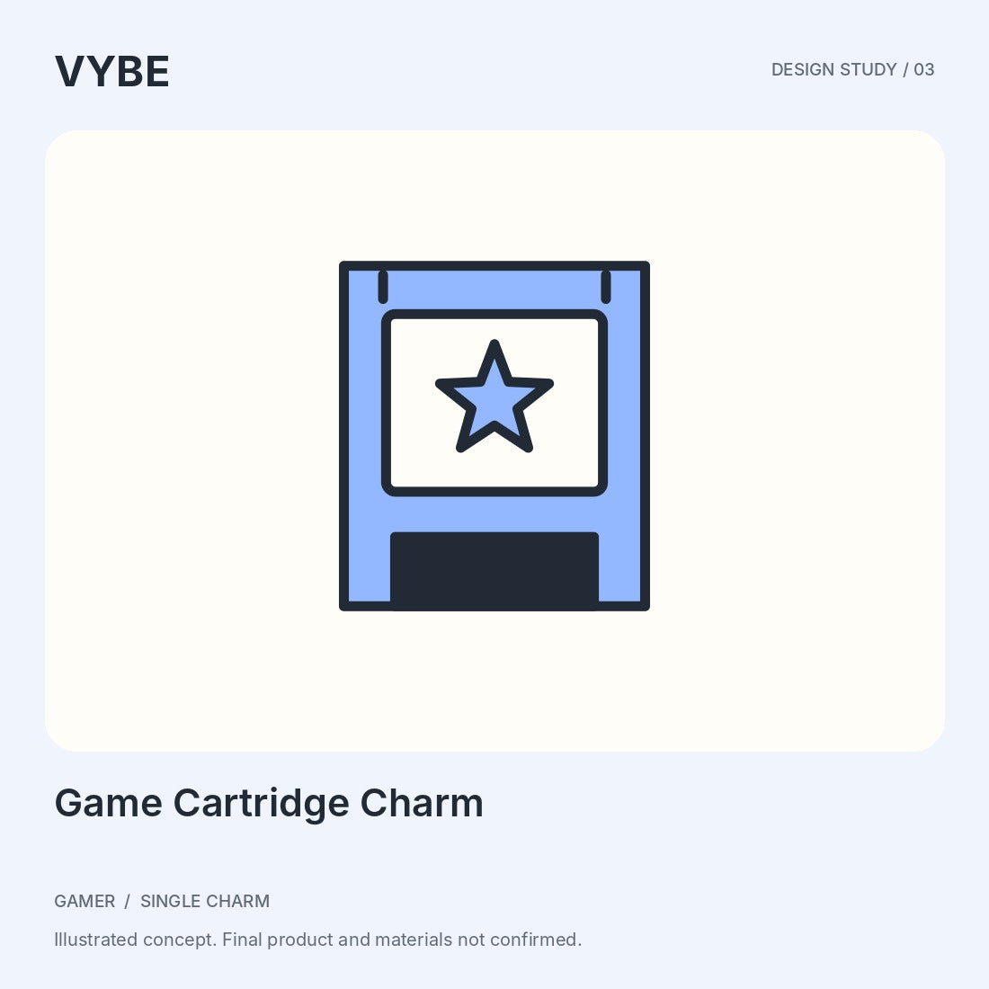 Game Cartridge Charm: original concept illustration; final product and materials are unconfirmed.