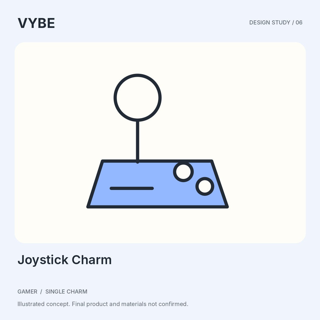 Joystick Charm: an original decorative VYBE concept illustration, not supplier photography.