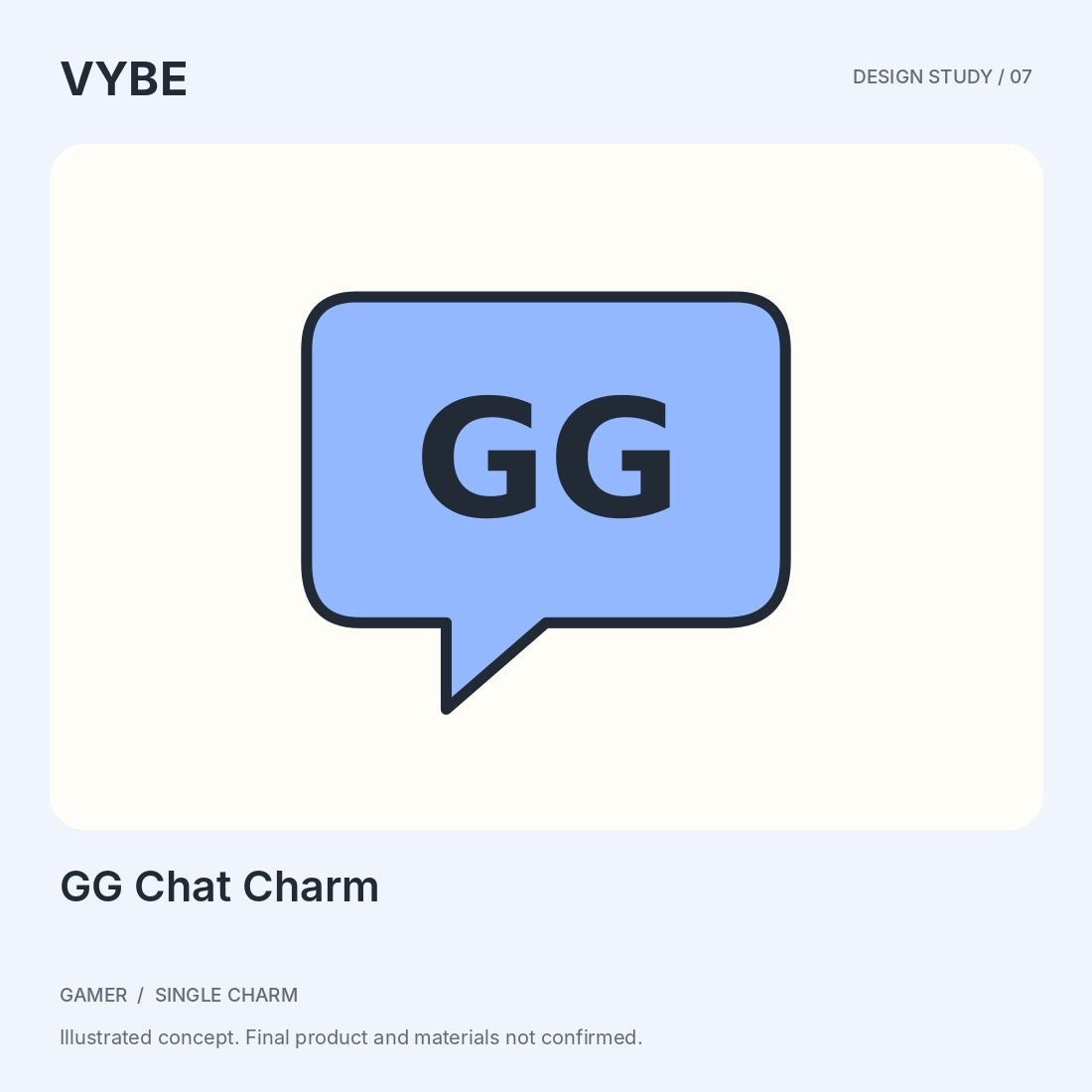 GG Chat Charm: an original speech-bubble concept illustration. Final merchandise unconfirmed.
