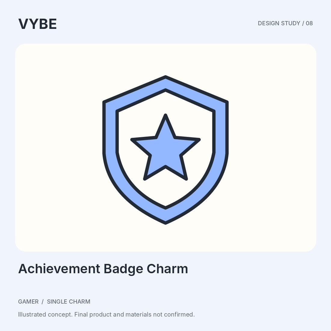 Achievement Badge Charm: original shield-and-star concept illustration, not supplier photography.
