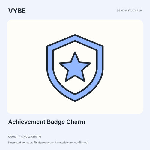 Achievement Badge Charm: original shield-and-star concept illustration, not supplier photography.