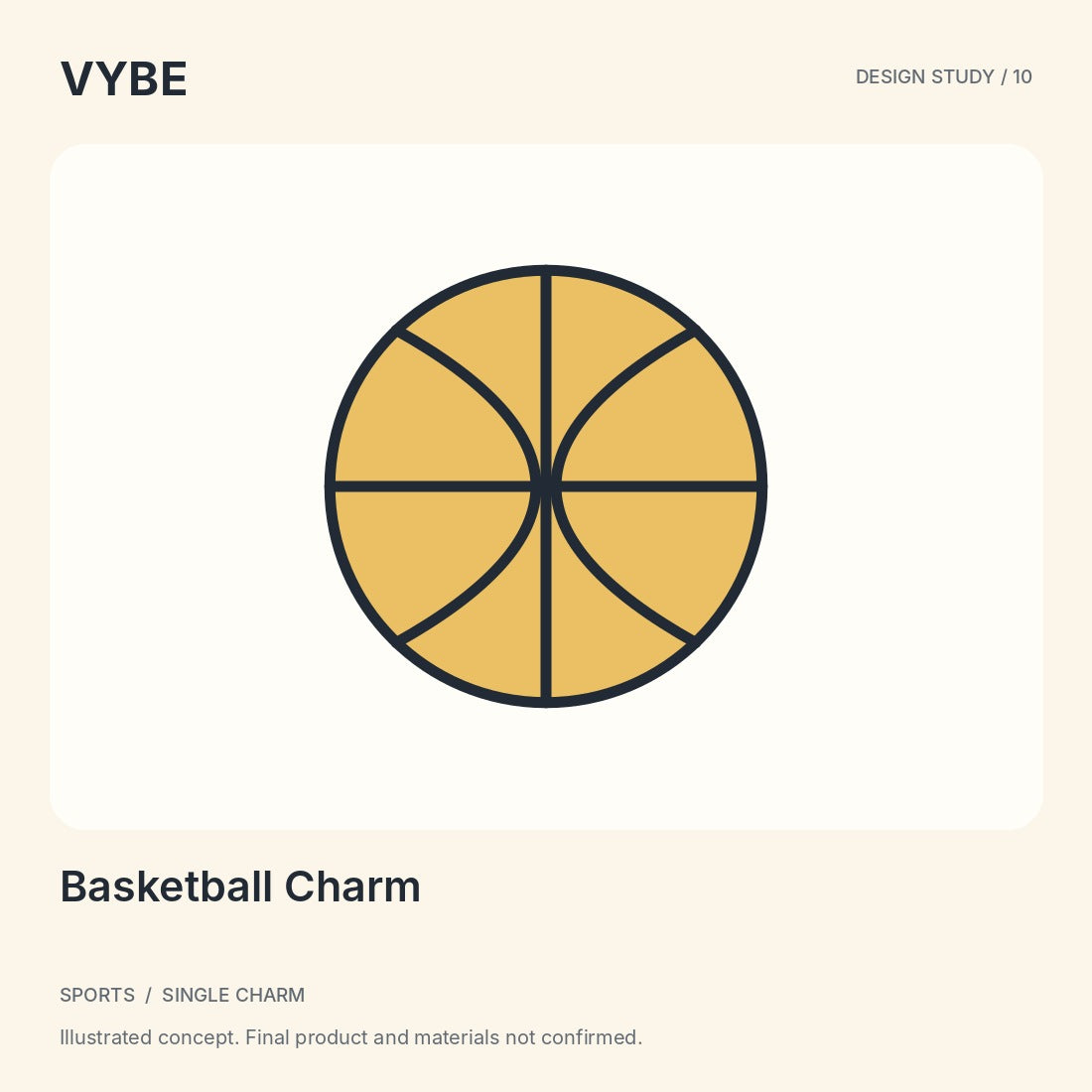 Basketball Charm: illustrated VYBE design study, not supplier photography.