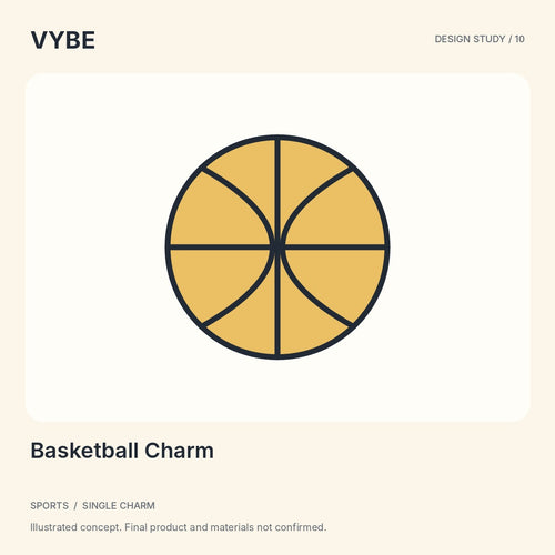 Basketball Charm: illustrated VYBE design study, not supplier photography.