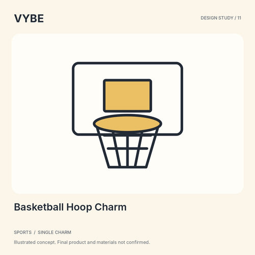 Basketball Hoop Charm: illustrated decorative concept. Materials and stock unconfirmed.