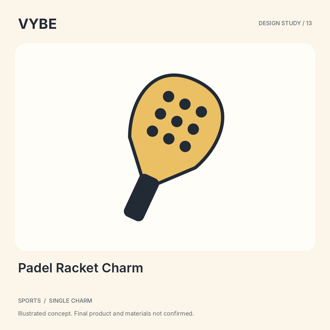 Padel Racket Charm: illustrated decorative design study, not supplier photography.