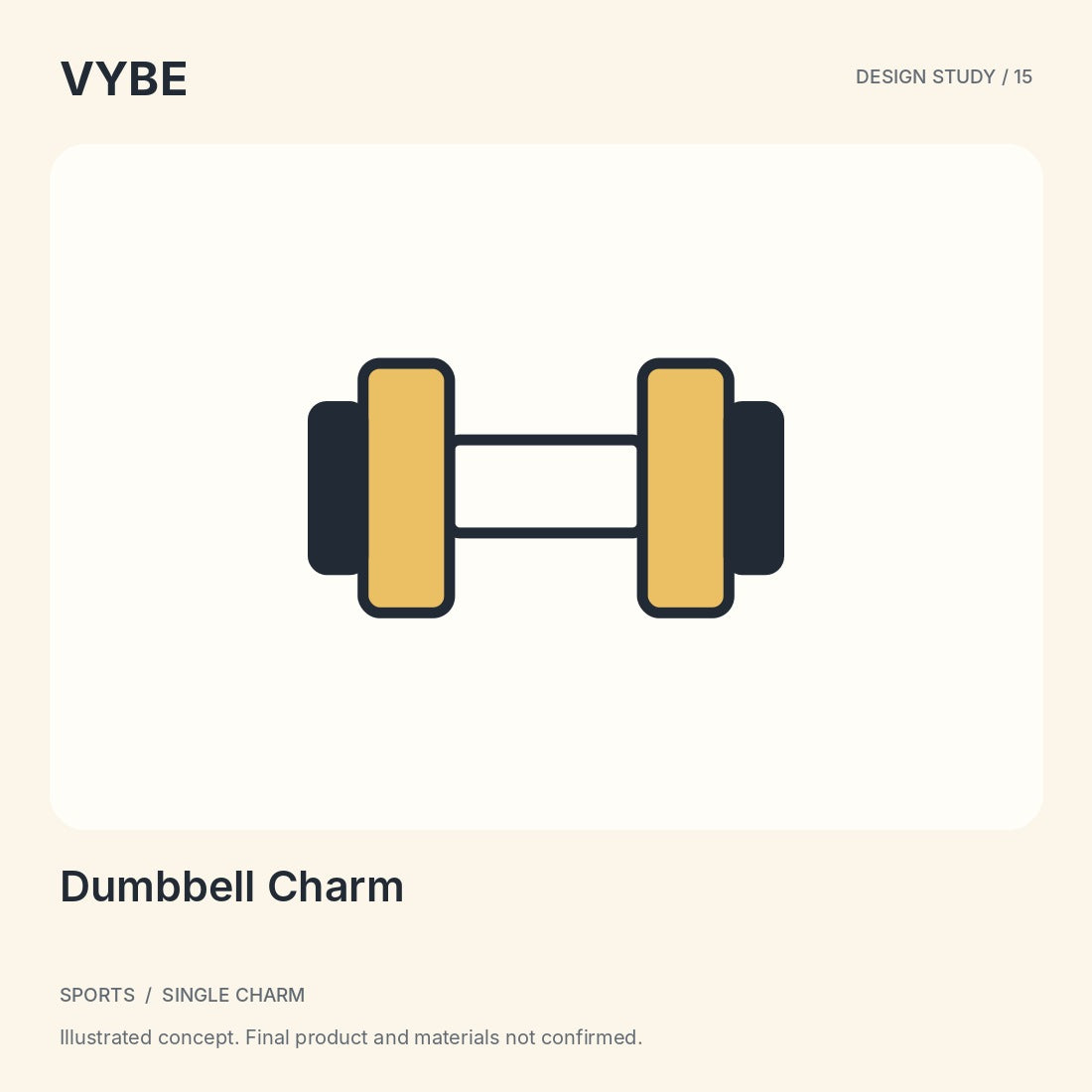Dumbbell Charm: decorative fitness-inspired concept illustration, not supplier photography.