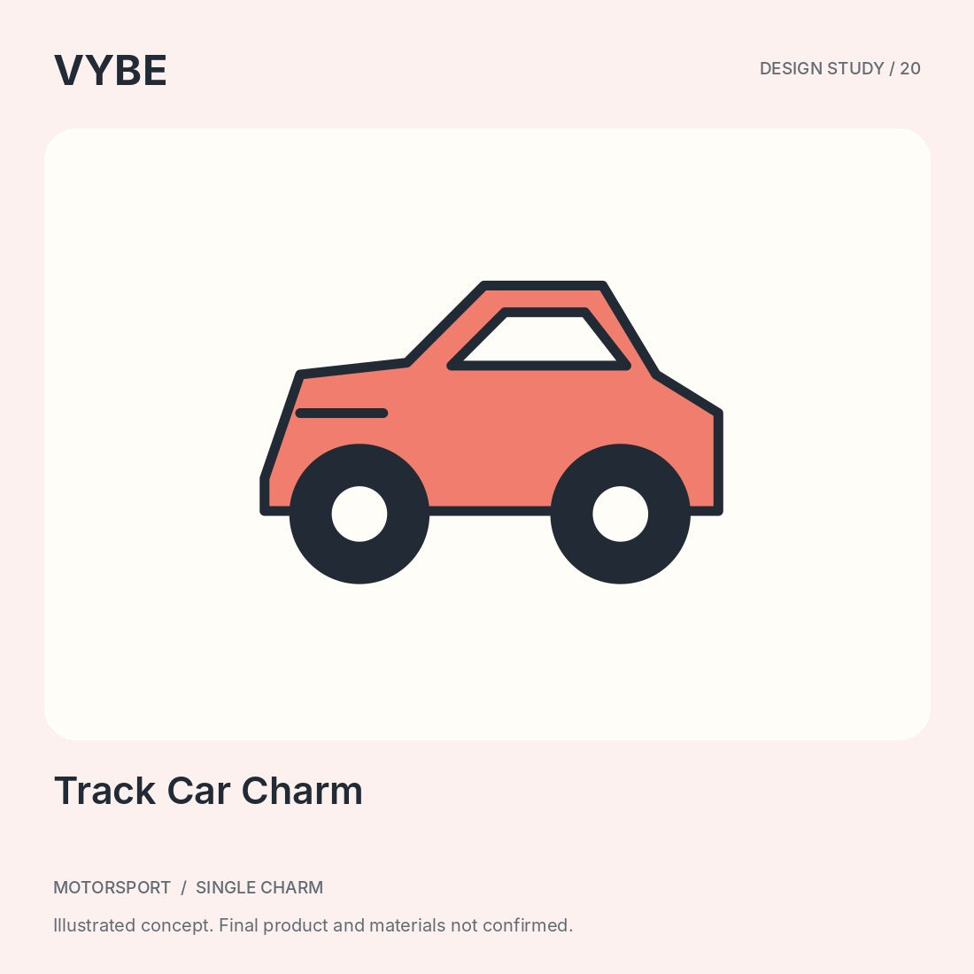 Track Car Charm: original car-shaped decorative design study, without manufacturer or team logos.