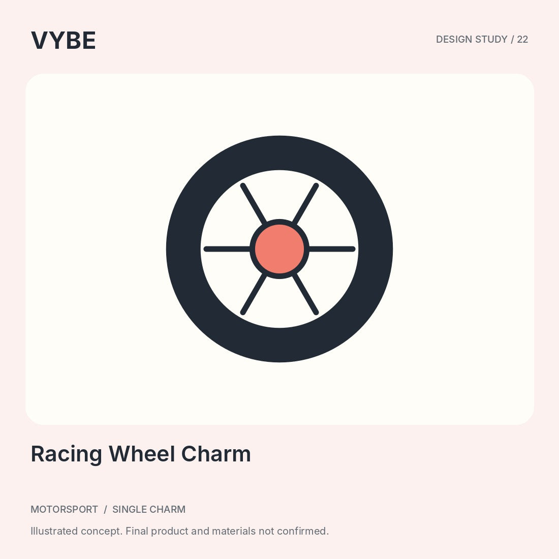 Racing Wheel Charm: tyre-and-spoke-wheel concept illustration. Decorative accessory, not a vehicle part.