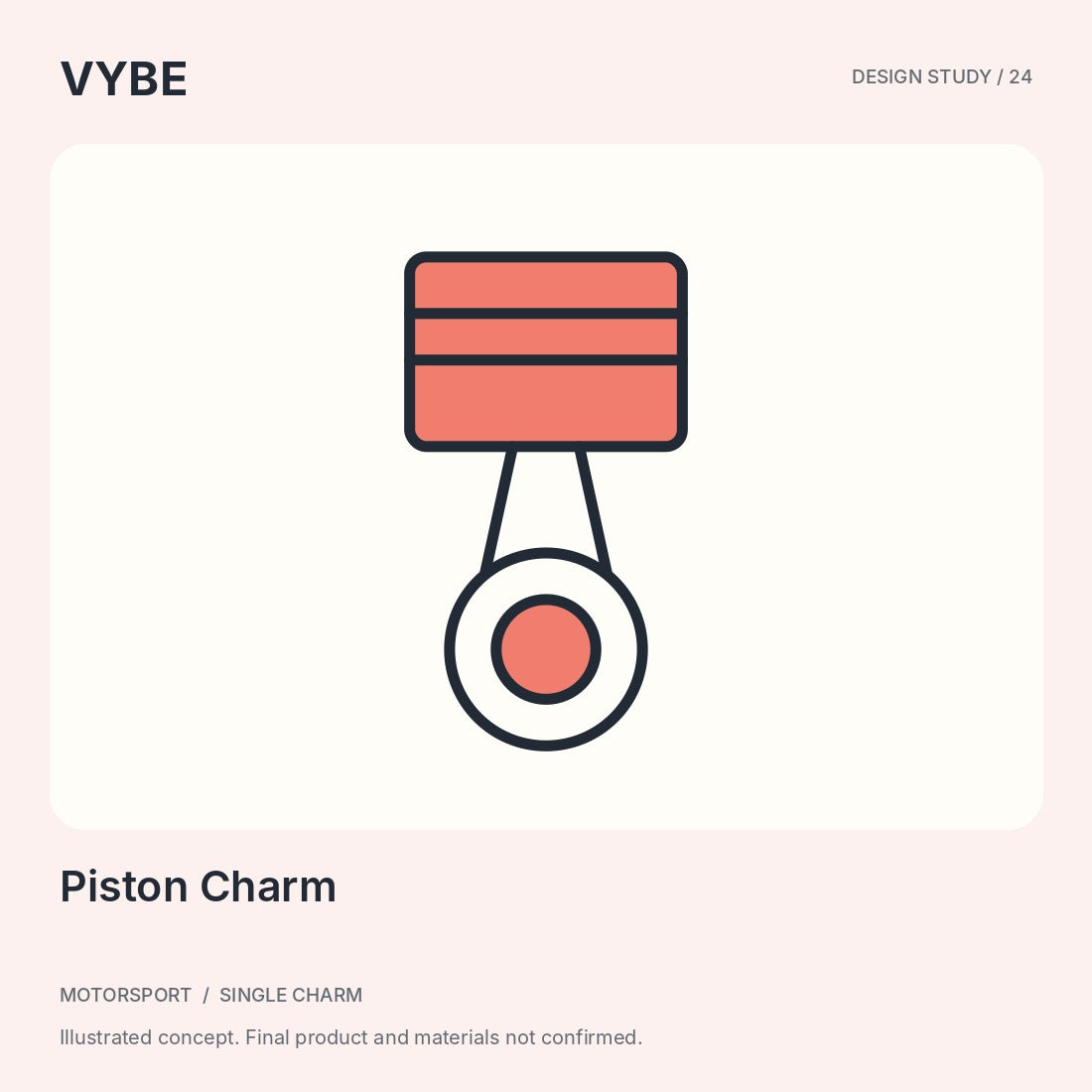 Piston Charm: a mechanical-motif accessory concept illustration. Not an engine part or confirmed product photograph.