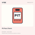 Pit Pass Charm: original PIT-tag decorative concept illustration. Not an event pass; final merchandise unconfirmed.
