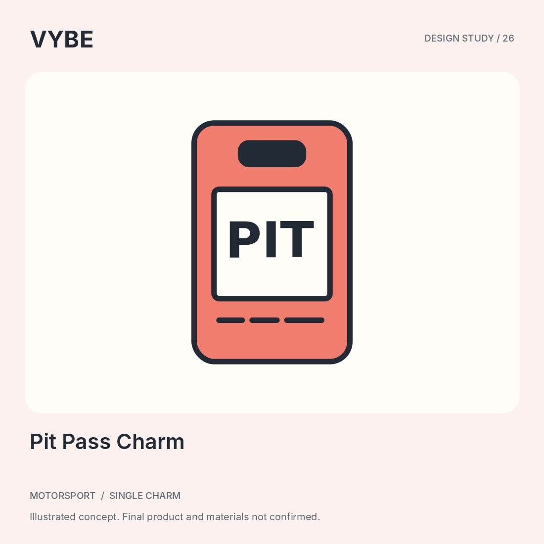 Pit Pass Charm: original PIT-tag decorative concept illustration. Not an event pass; final merchandise unconfirmed.