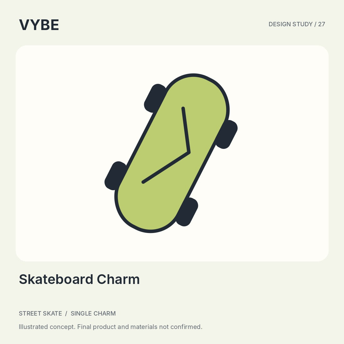 Skateboard Charm: original deck-and-wheel design illustration. Decorative concept, not product photography.