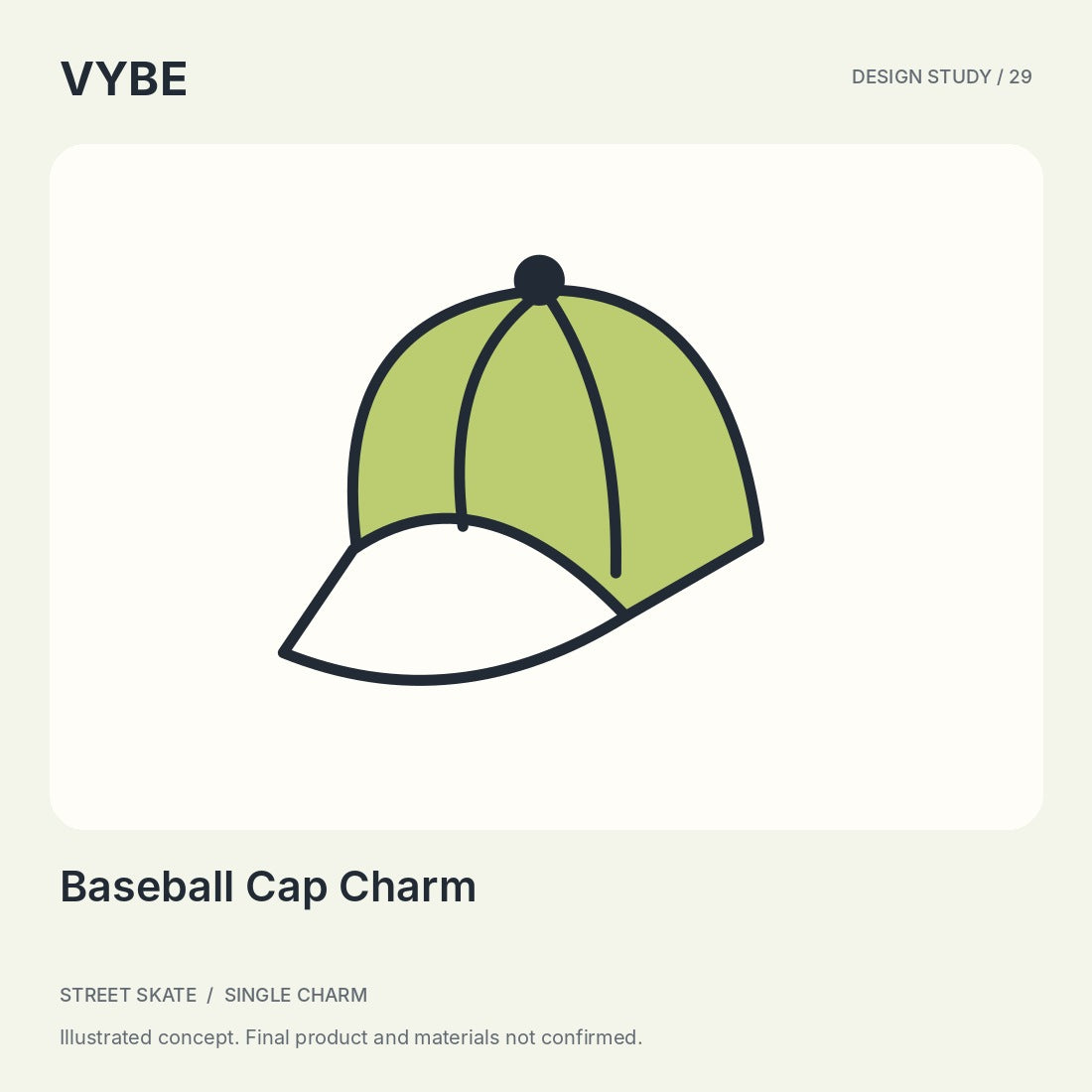 Baseball Cap Charm: original unbranded concept illustration. Final product, colour and materials unconfirmed.