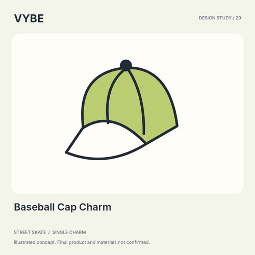 Baseball Cap Charm: original unbranded concept illustration. Final product, colour and materials unconfirmed.