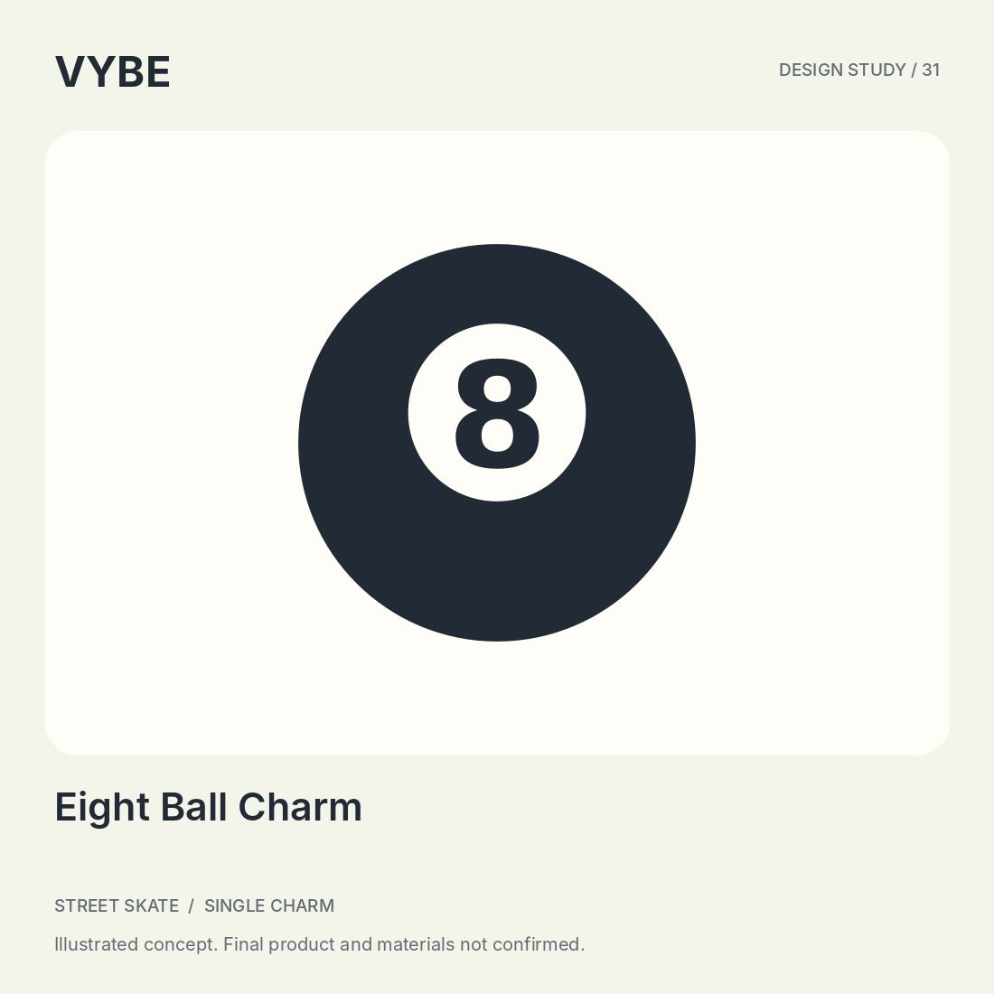 Eight Ball Charm: original decorative design illustration. Concept only, not supplier photography.