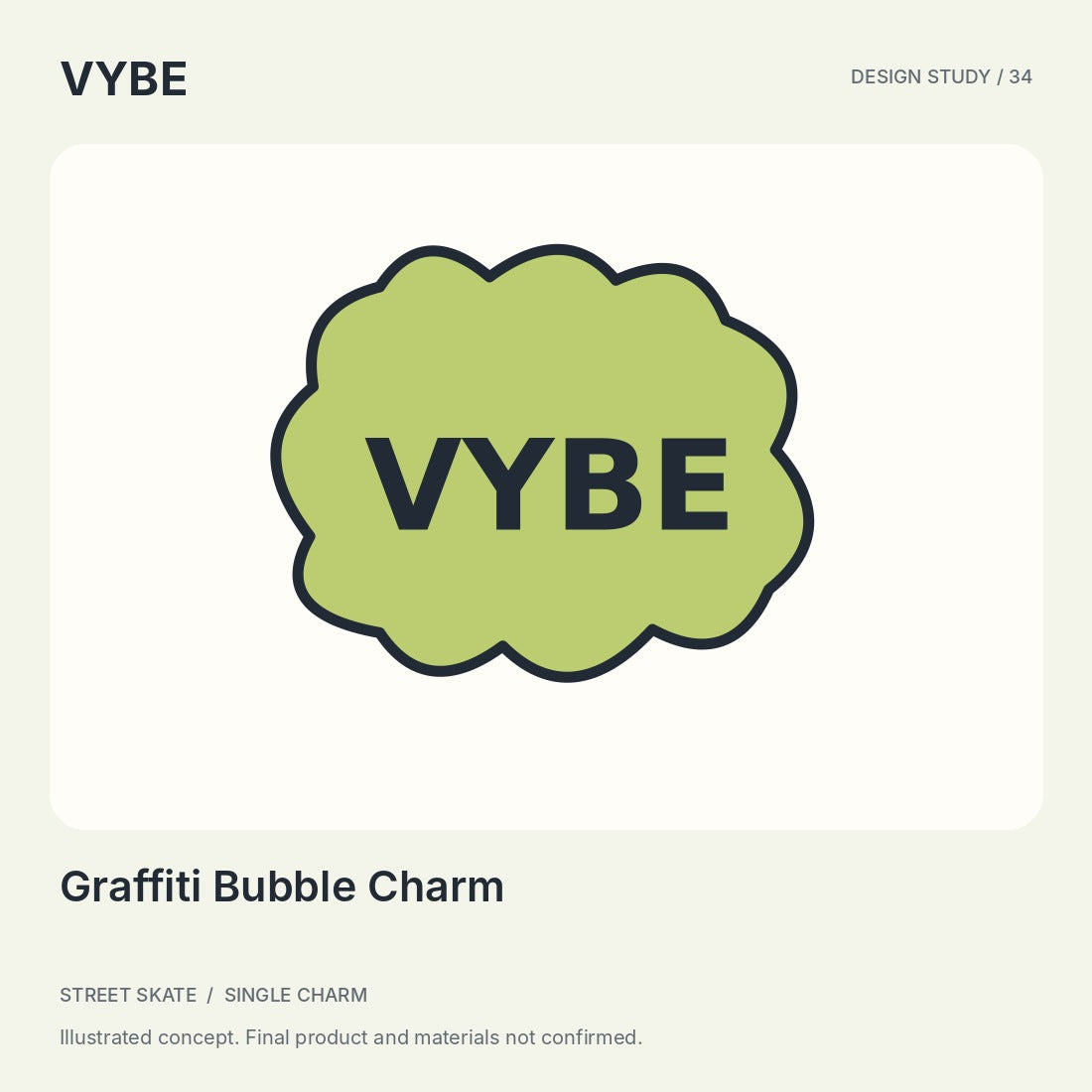 Graffiti Bubble Charm: original VYBE-lettering concept illustration, not supplier photography.