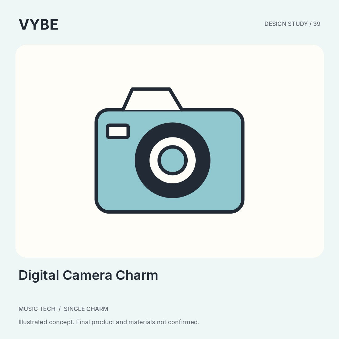 Digital Camera Charm: original compact-camera accessory concept illustration. Non-functional; not supplier photography.