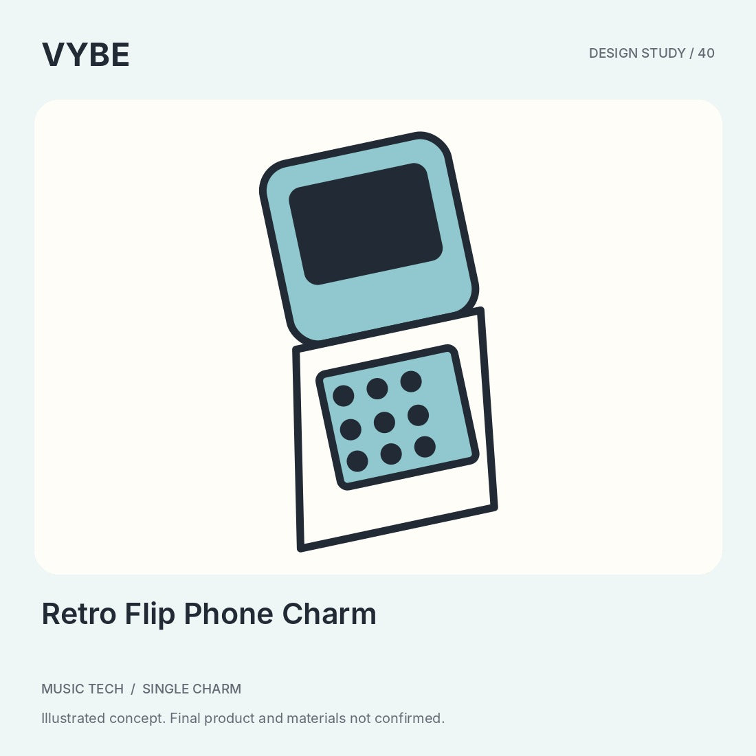 Retro Flip Phone Charm: original decorative throwback design study. Non-functional; not approved stock photography.