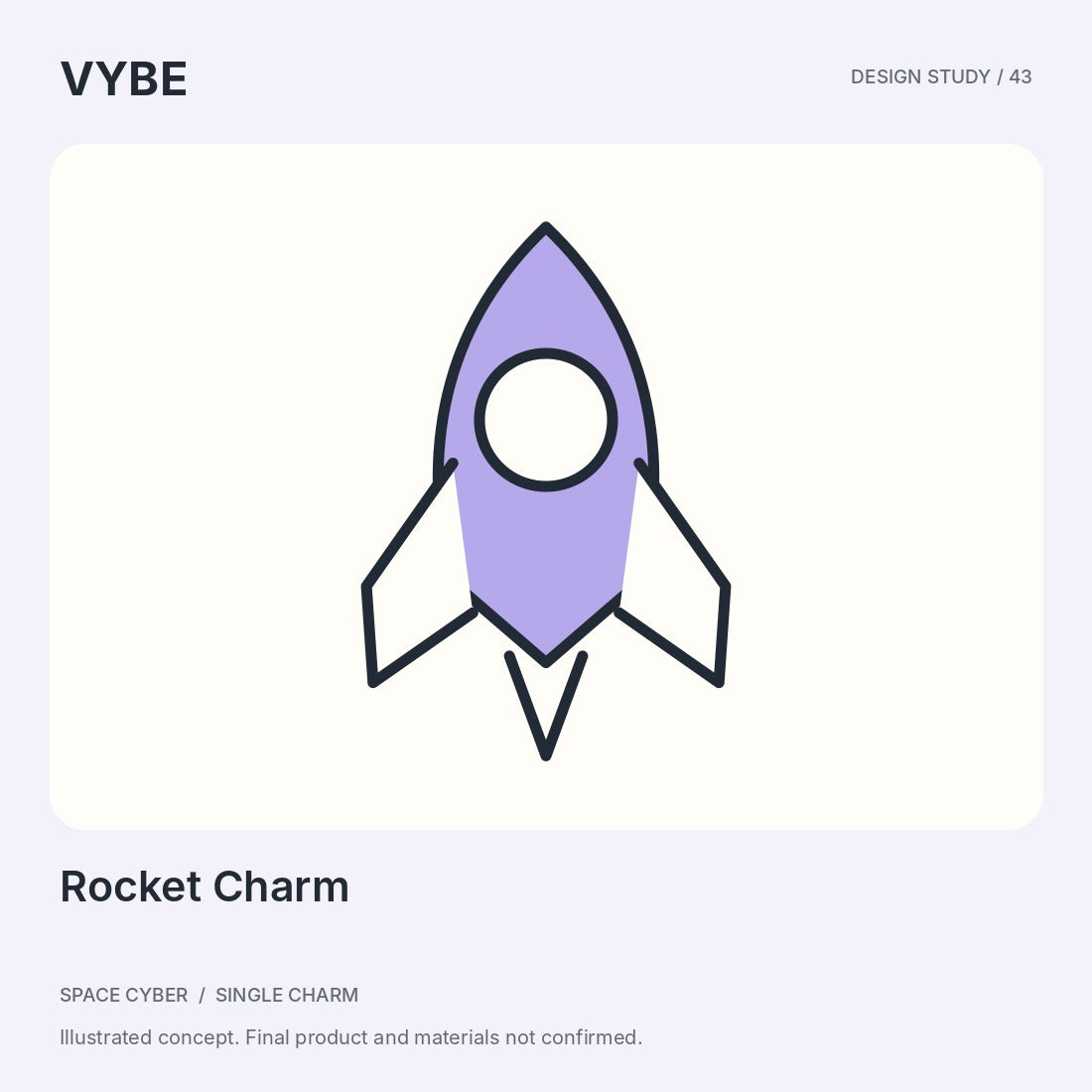 Rocket Charm: original decorative space-motif concept illustration. Final product and materials unconfirmed.