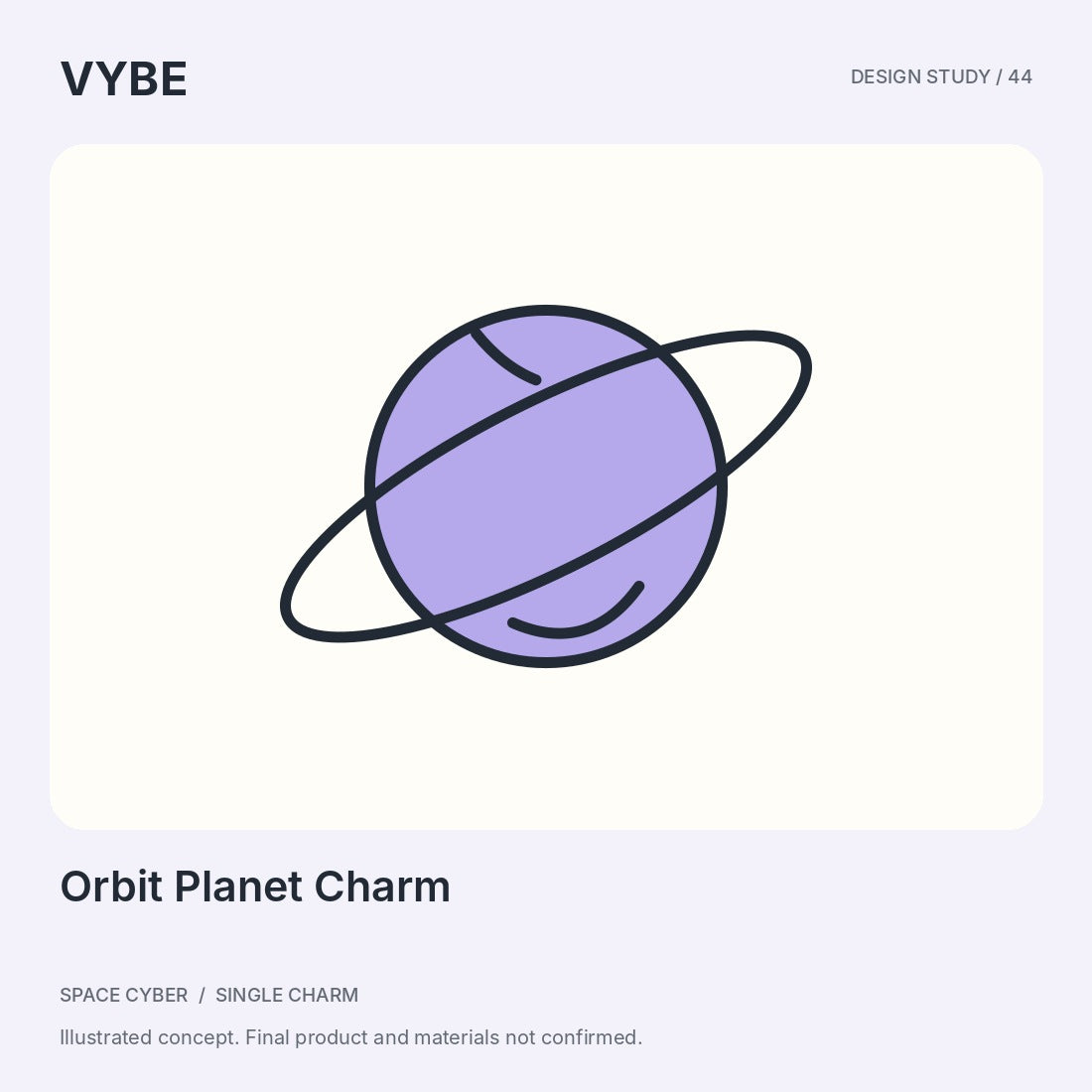 Orbit Planet Charm: original ringed-planet concept illustration, not approved product photography.