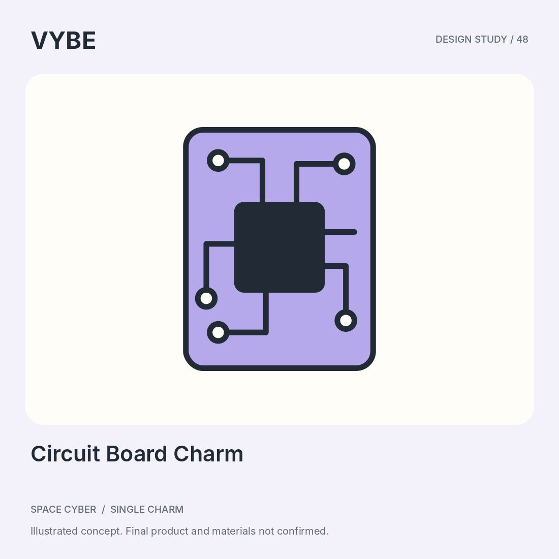 Circuit Board Charm: decorative tech-inspired concept illustration. No electronic function; final product unconfirmed.