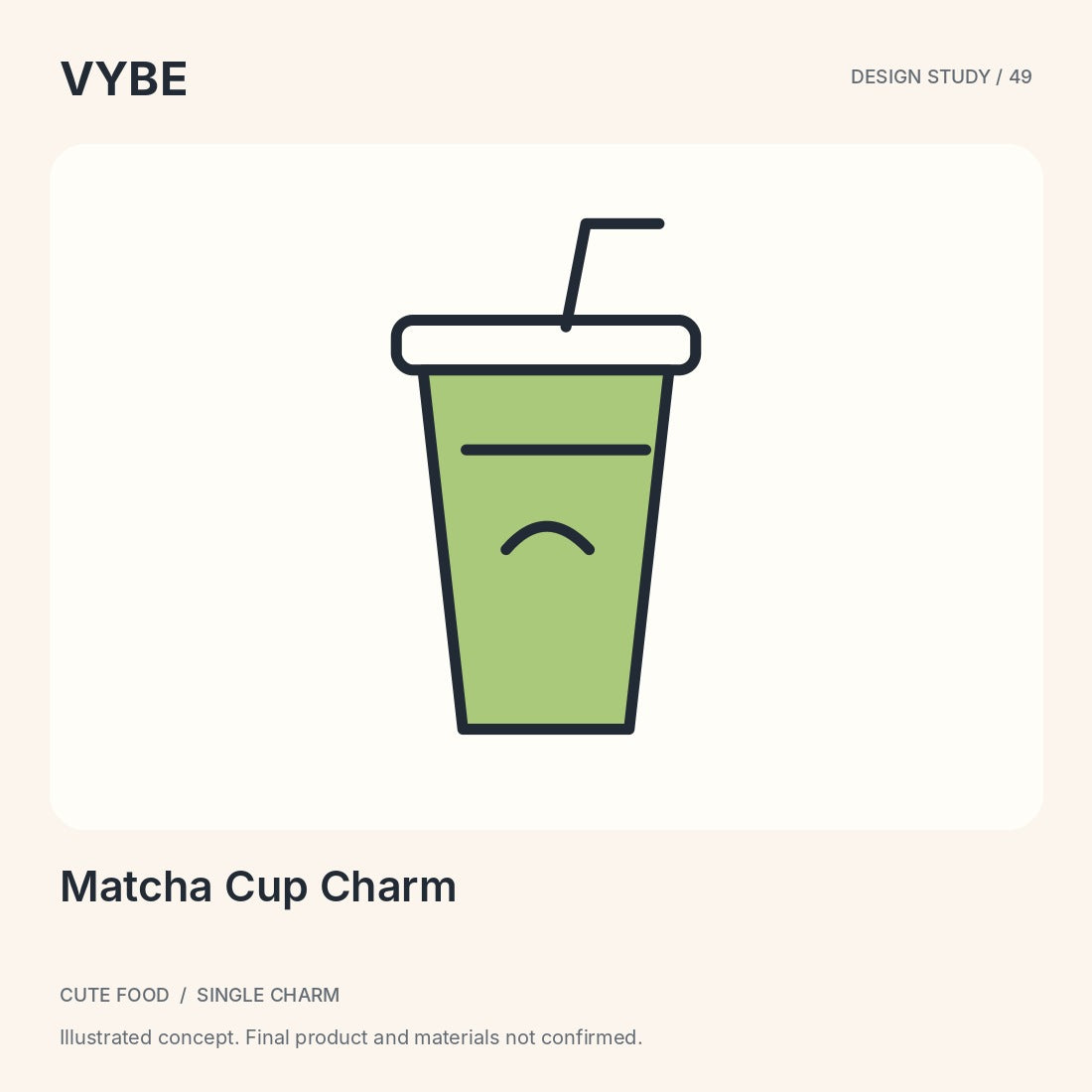 Matcha Cup Charm: original decorative cafe-inspired concept illustration, not approved product photography.