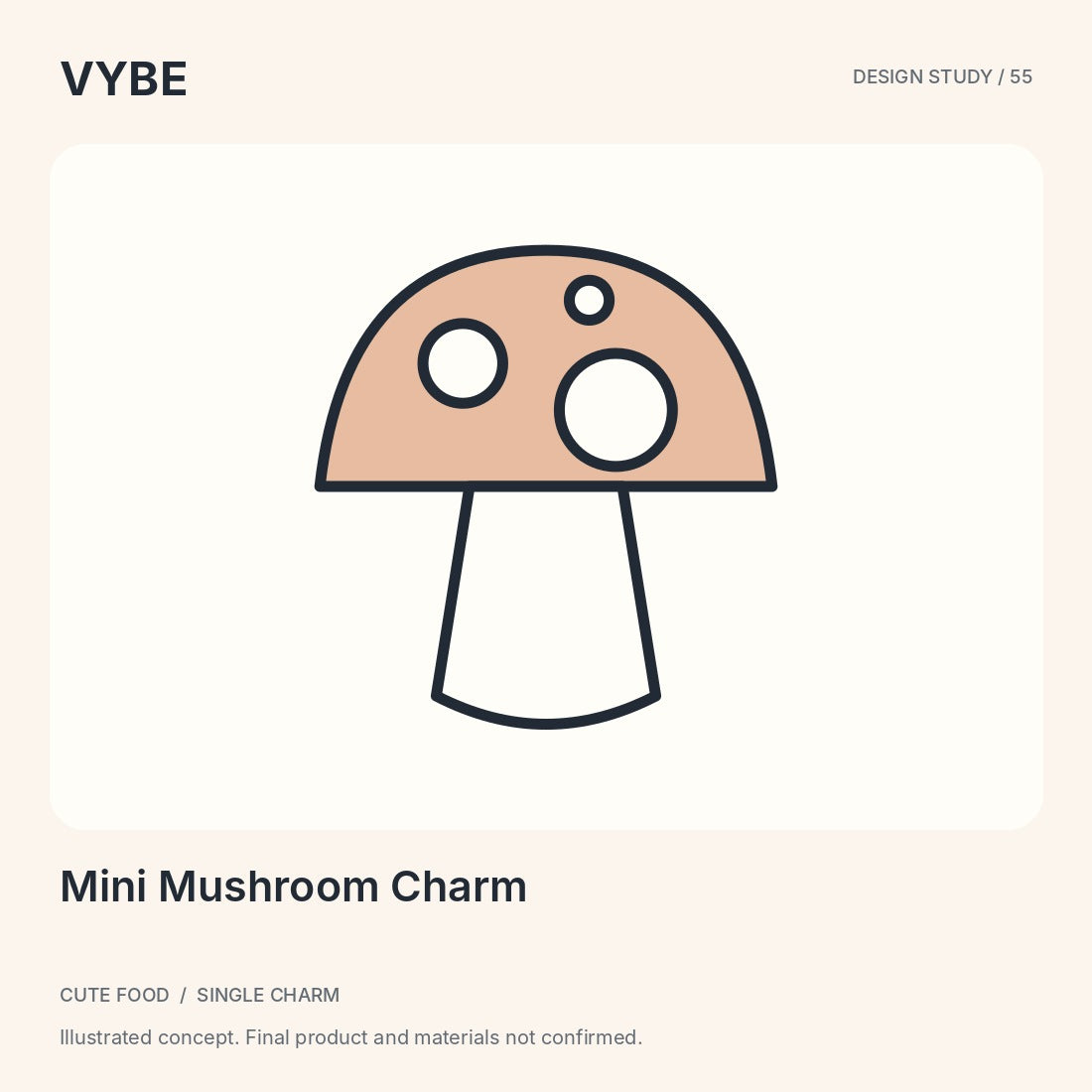 Mini Mushroom Charm: original woodland-inspired decorative concept illustration. Not edible; not supplier photography.