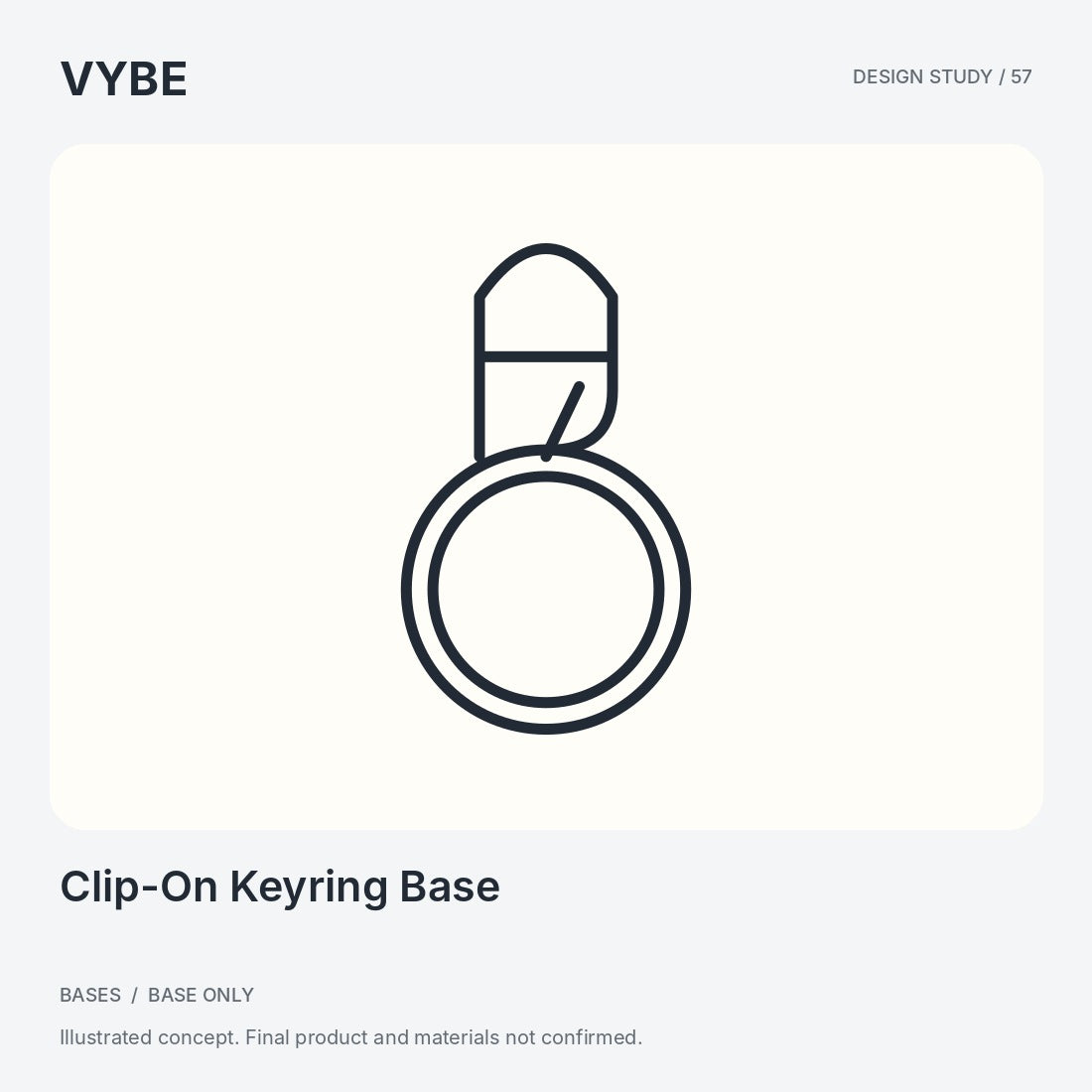 Clip-On Keyring Base: illustrated base-only concept. Charms are not included; hardware and compatibility unconfirmed.