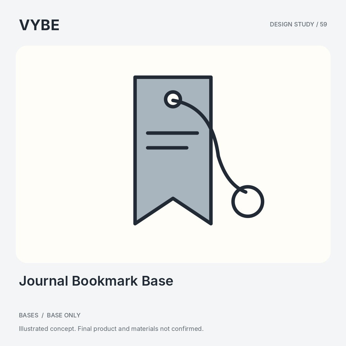 Journal Bookmark Base: illustrated concept with a charm attachment loop. Charms and confirmed product materials are not shown.