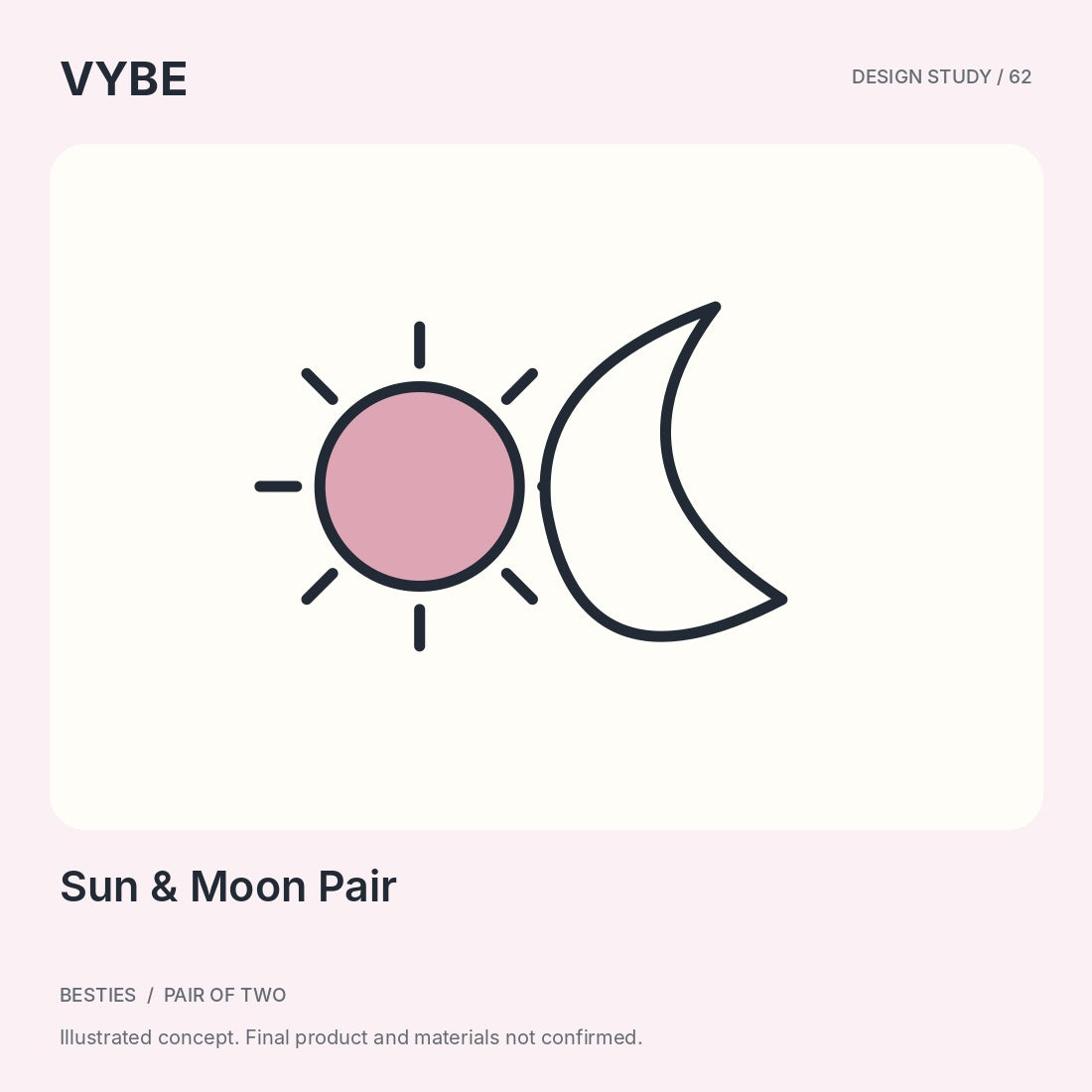 Sun and Moon Pair: two decorative charm motifs in an original concept illustration. Final products and materials unconfirmed.
