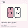 Player One and Player Two Pair: two original 01 and 02 tag concepts. Decorative design illustration, not supplier photography.