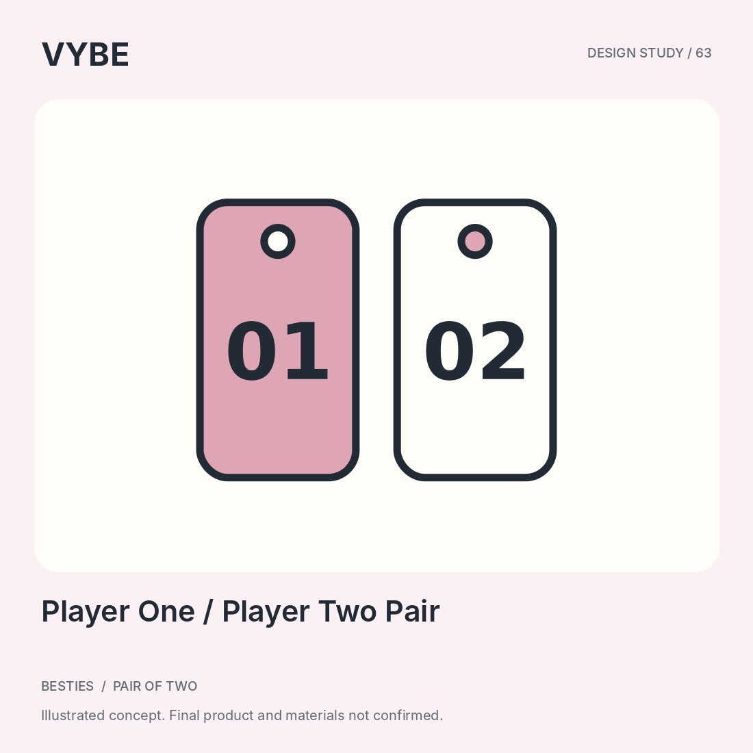 Player One and Player Two Pair: two original 01 and 02 tag concepts. Decorative design illustration, not supplier photography.
