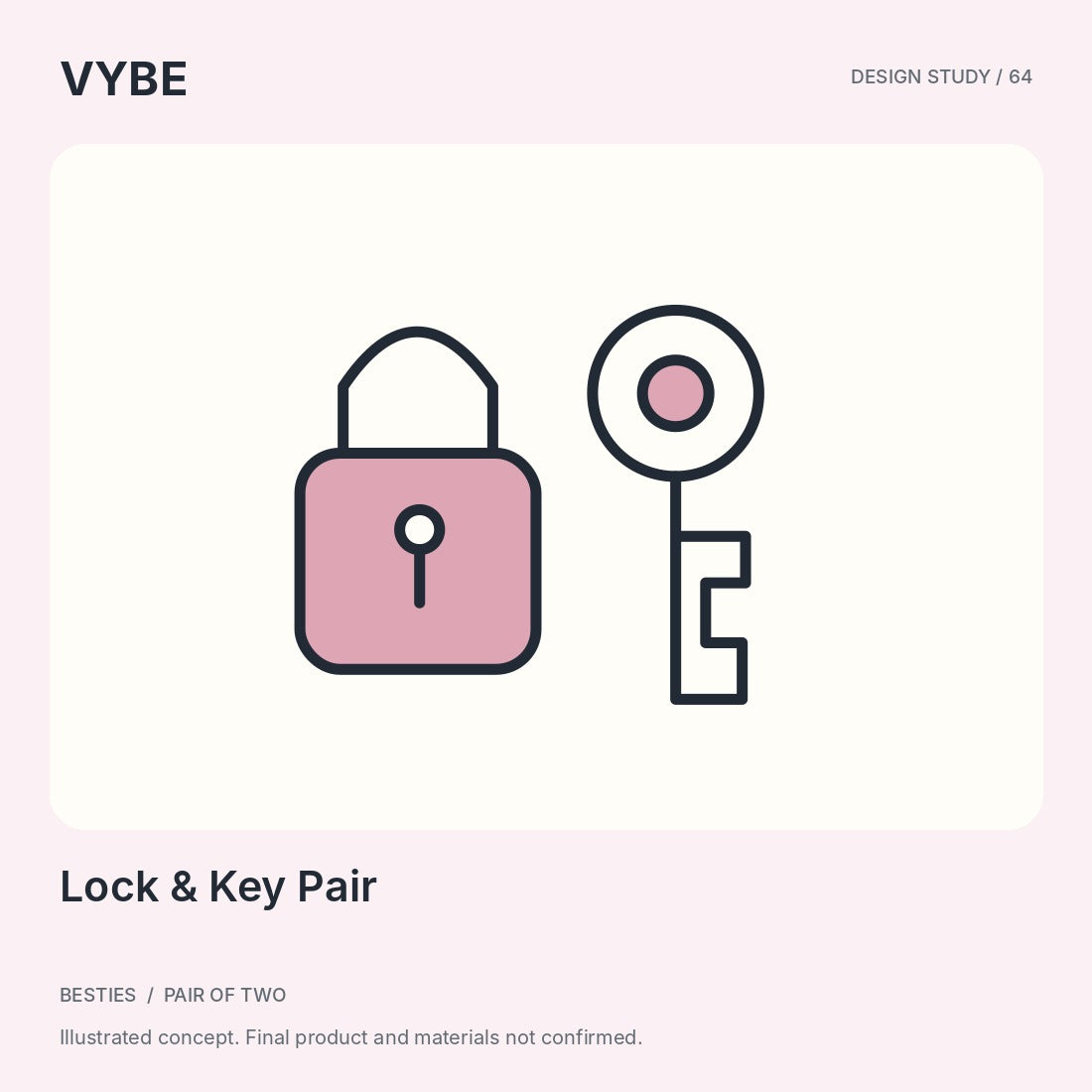 Lock and Key Pair: two original decorative charm concept motifs. Non-functional; final merchandise unconfirmed.