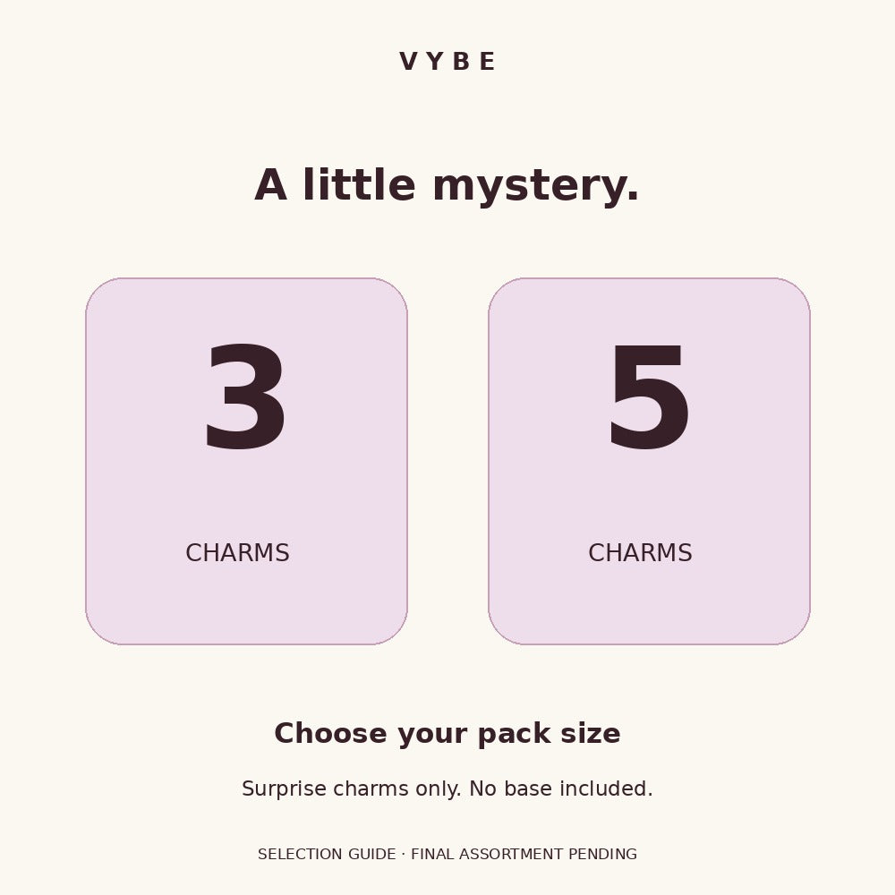 Choose a Mystery Charm Pack of 3 or 5 charms. Graphic selection guide; final assortment pending.