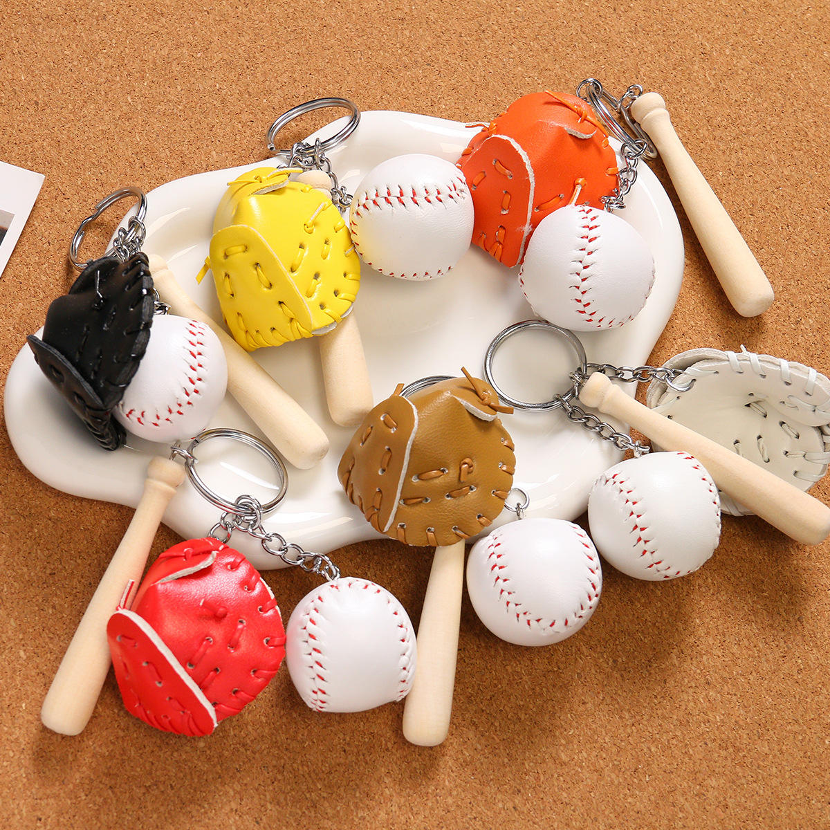 Real wholesale baseball glove, bat and ball keychain set