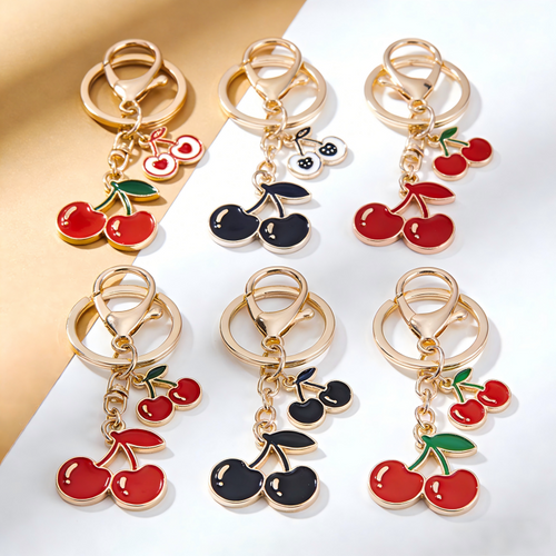 Real wholesale gold tone metal cherry keychain with enamel cherries