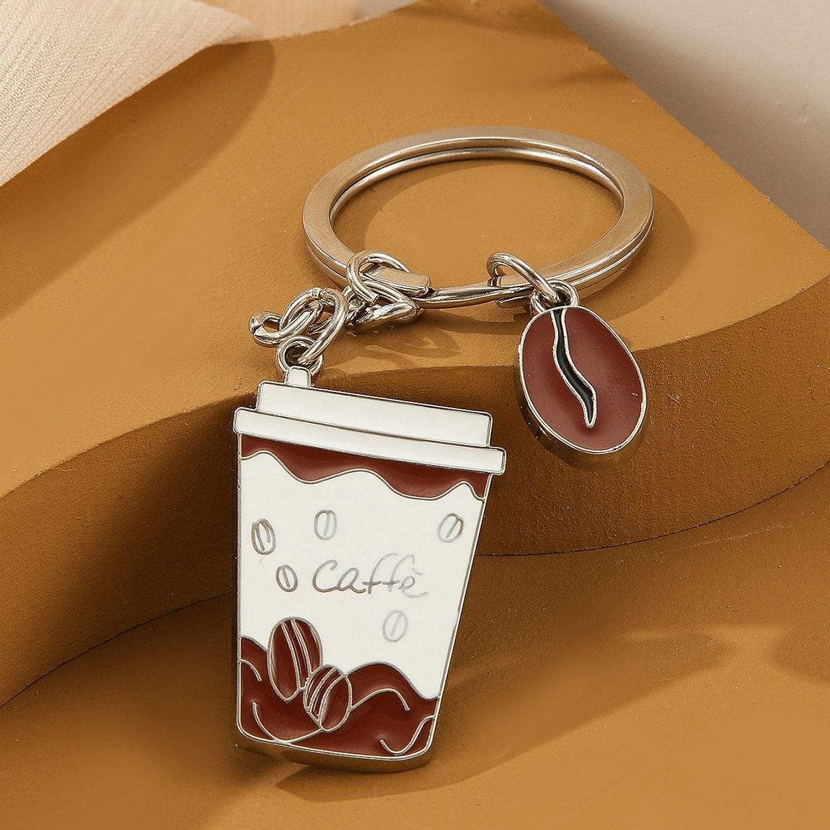 Real wholesale metal enamel coffee cup and coffee bean keychain