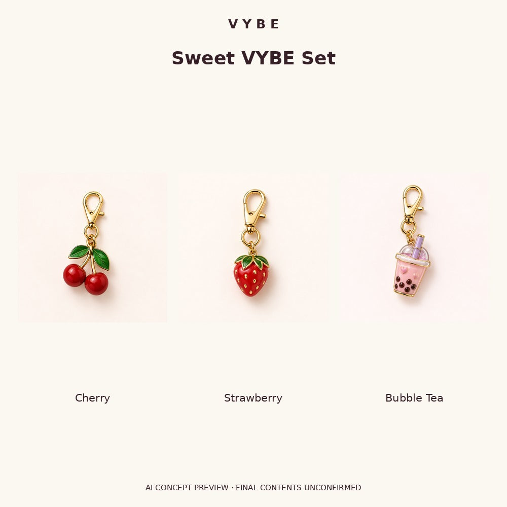 Sweet VYBE Set concept: cherry, strawberry and bubble tea. AI concept artwork, not product photography.