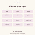 Zodiac selection guide showing twelve sign names. Graphic guide, not product photography.
