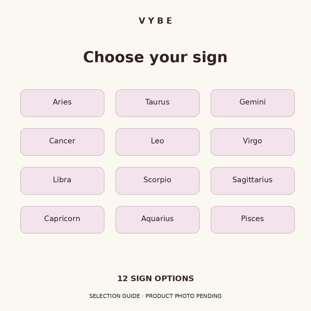 Zodiac selection guide showing twelve sign names. Graphic guide, not product photography.